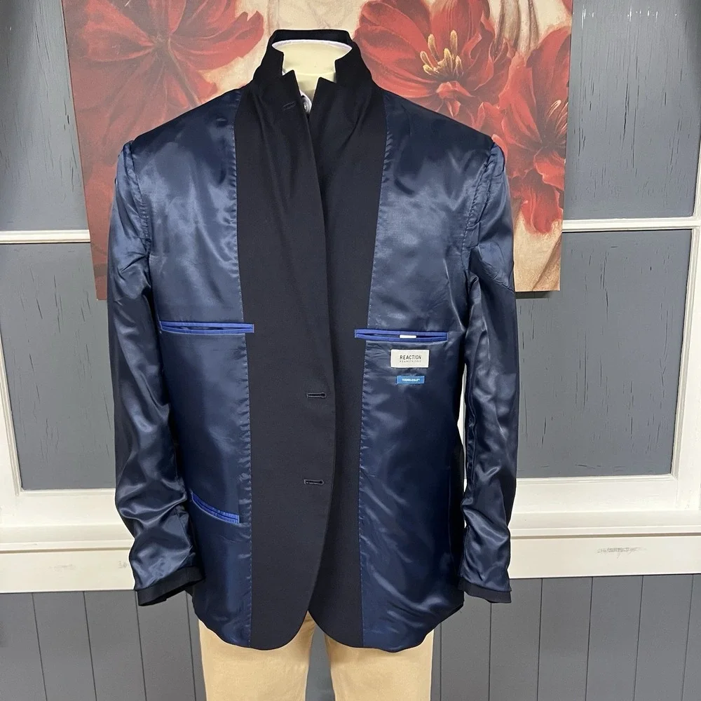 Kenneth Cole Blazer Jacket Sport Coat Mens 46R Polyester Blend Stretch Dark Navy